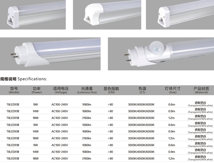 T8LED燈管規(guī)格說明